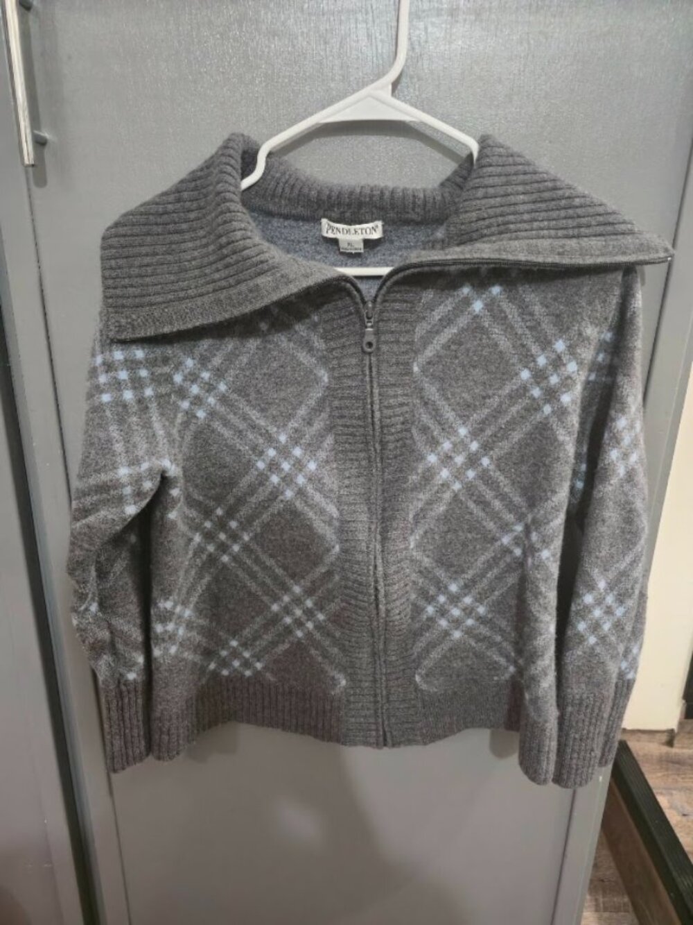 Pendleton Gray Plaid Wool Full Zip Sweater Jacket XL